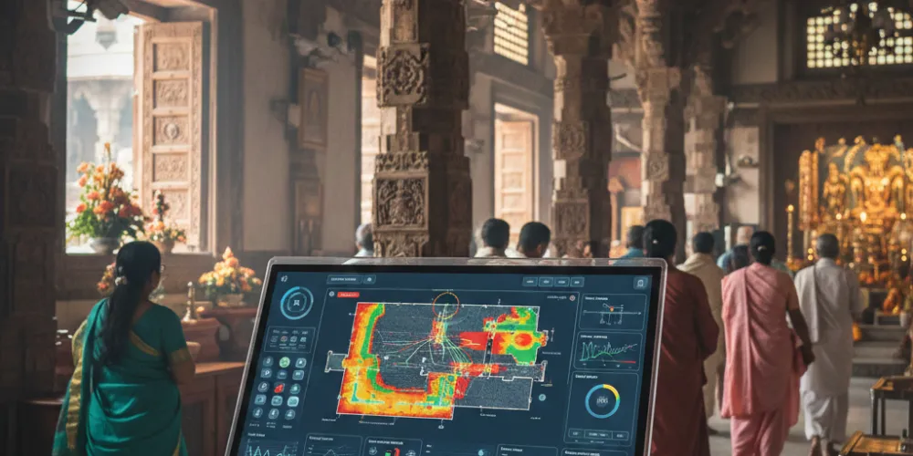 AI-powered COVID-19 surveillance solutions system monitoring crowd density in temple