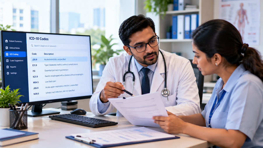 Healthcare professionals reviewing ICD-10 codes with AI-powered coding system