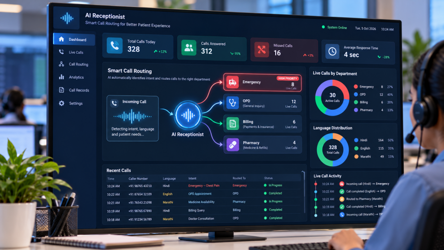 AI receptionist dashboard showing smart call routing and analytics