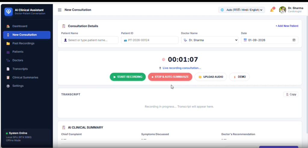 Diabetic Dost speech-to-text screening interface displaying a patient conversation